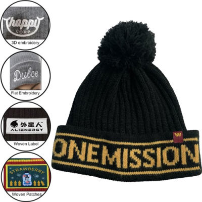 Picture of CUSTOM MADE POM POM STRIPE KNITTED CUFFED BEANIE with Logo