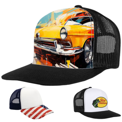 Picture of 5 PANEL SUBLIMATION POLYESTER MESH BACK TRUCKER CAP with Plastic Snapback