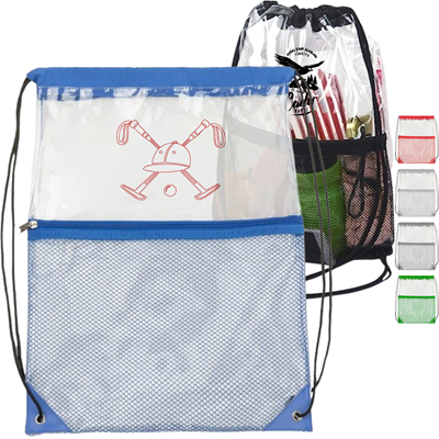 Picture of CLEAR TRANSPARENT PVC CINCH DRAWSTRING BAG with Front Zipper Mesh Pocket
