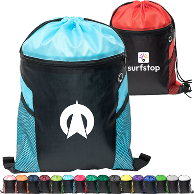 Picture of TWO-TONE FRONT ZIPPER DRAWSTRING BAG with Side Mesh Pocket & Earphones Slot (14 Inch x 18 Inch)