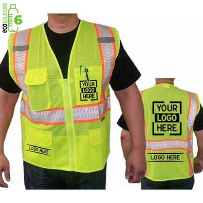 Picture of RECYCLED CLASS 2 SEGMENTED SAFETY ZIPPER VEST W &  4 POCKETS & DUAL MIC TABS