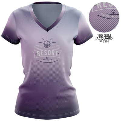 Picture of LADIES 150 GSM JACQUARD MESH PERFORMANCE SHORT SLEEVE SUBLIMATION V-NECK TEE SHIRT