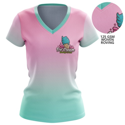 Picture of LADIES 125 GSM WOVEN ROVING PERFORMANCE SUBLIMATION V-NECK SHORT SLEEVE TEE SHIRT