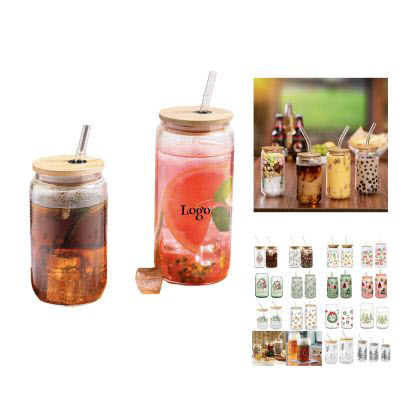 Picture of DRINK GLASS with Bamboo Lid & Glass Straw.